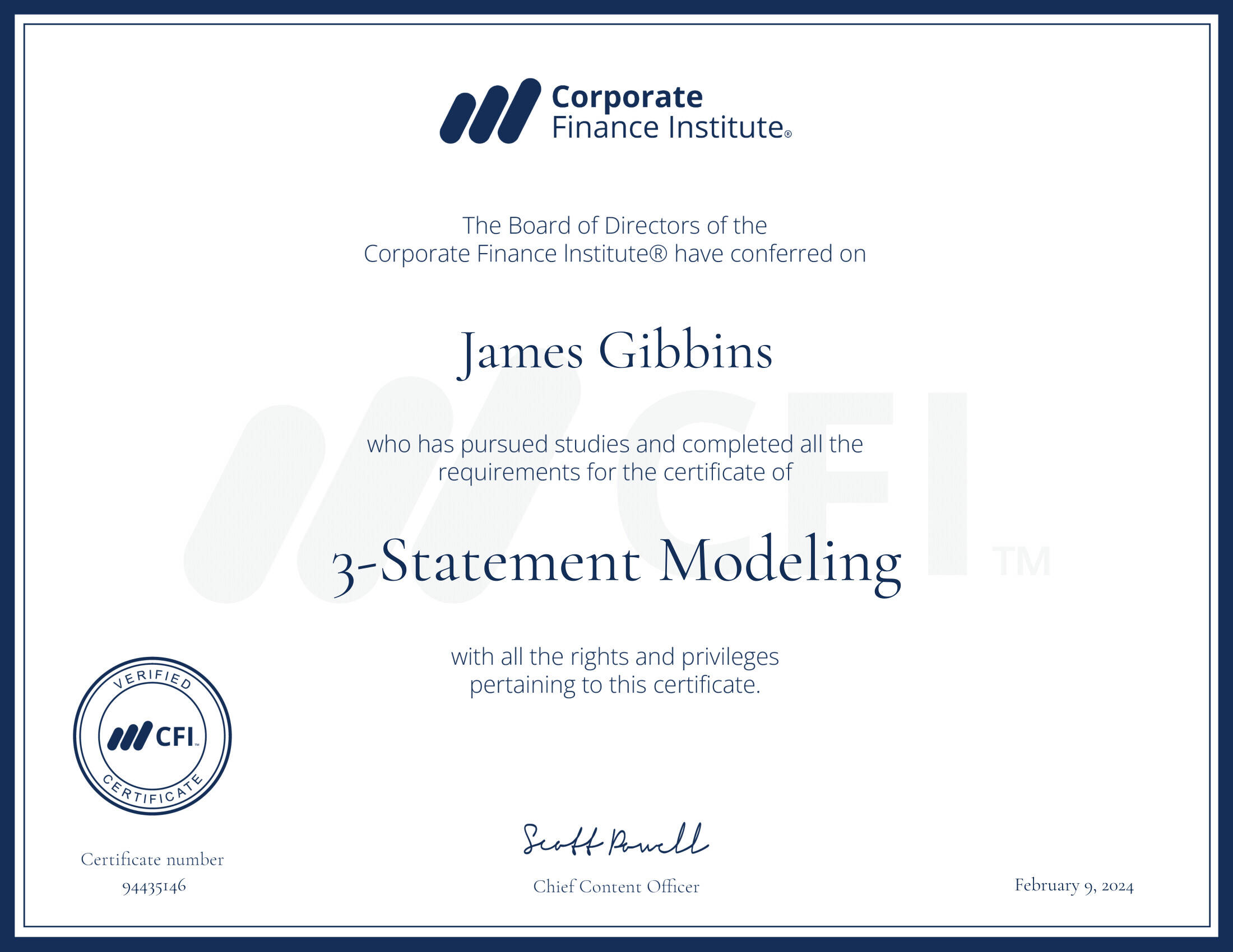 CFI certificate 3-Statement Modeling