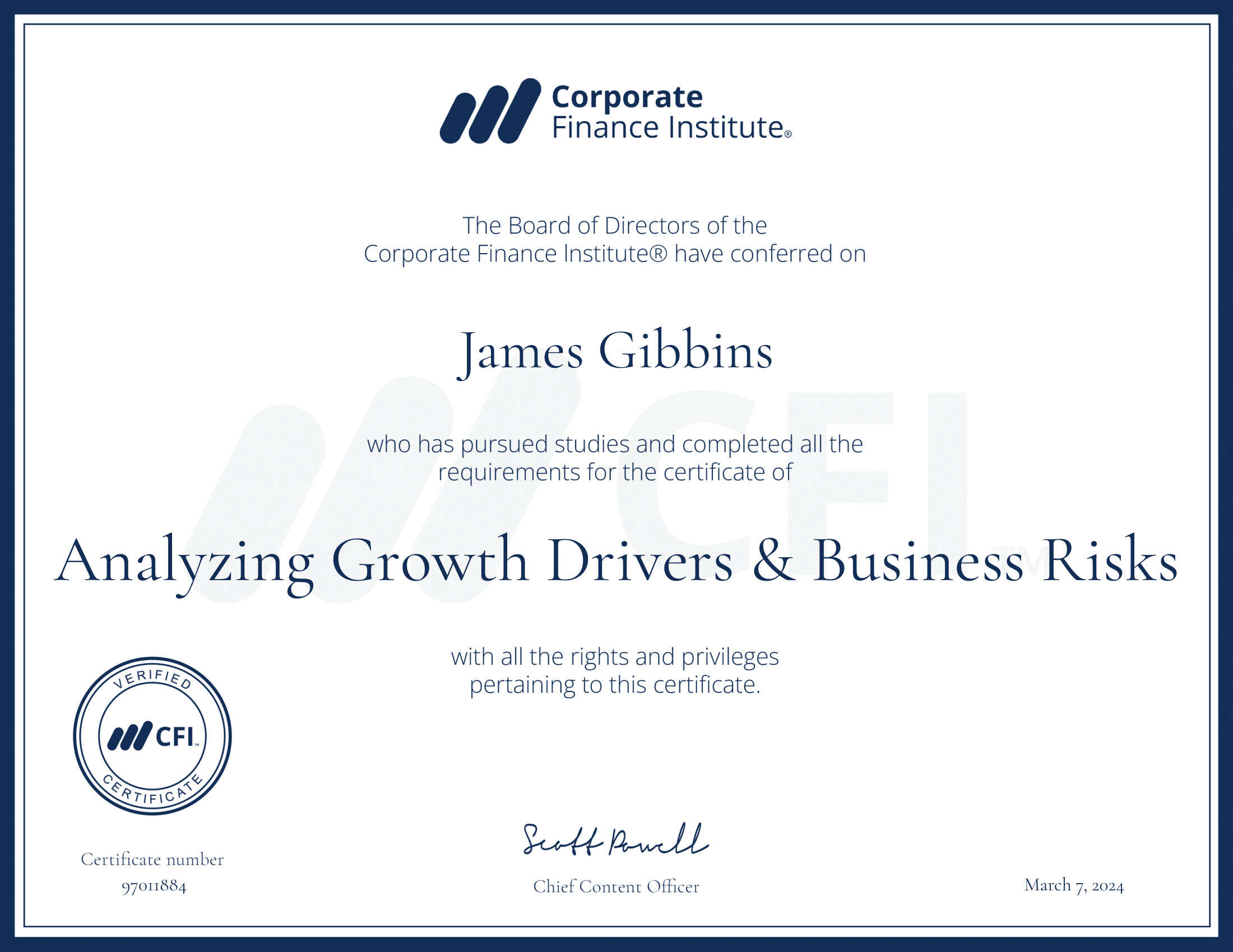 CFI certificate Analyzing Growth Drivers & Business Risk