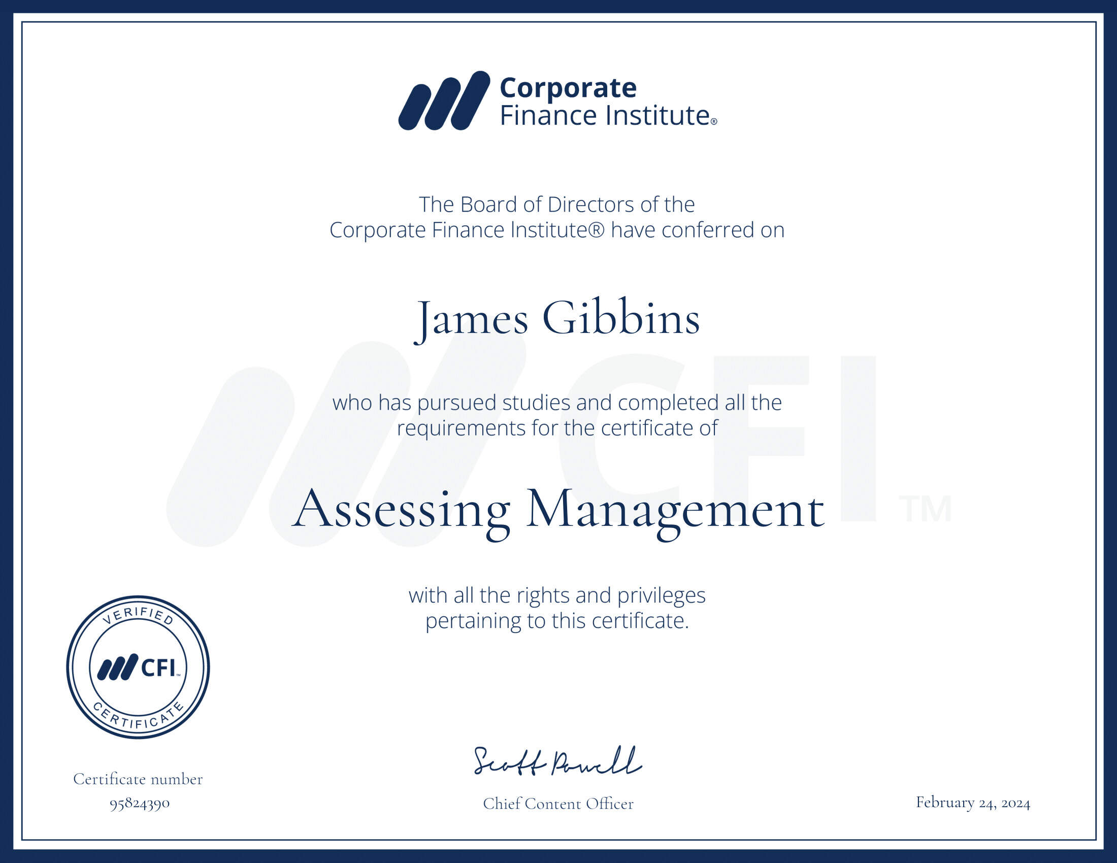 CFI certificate Assessing Management