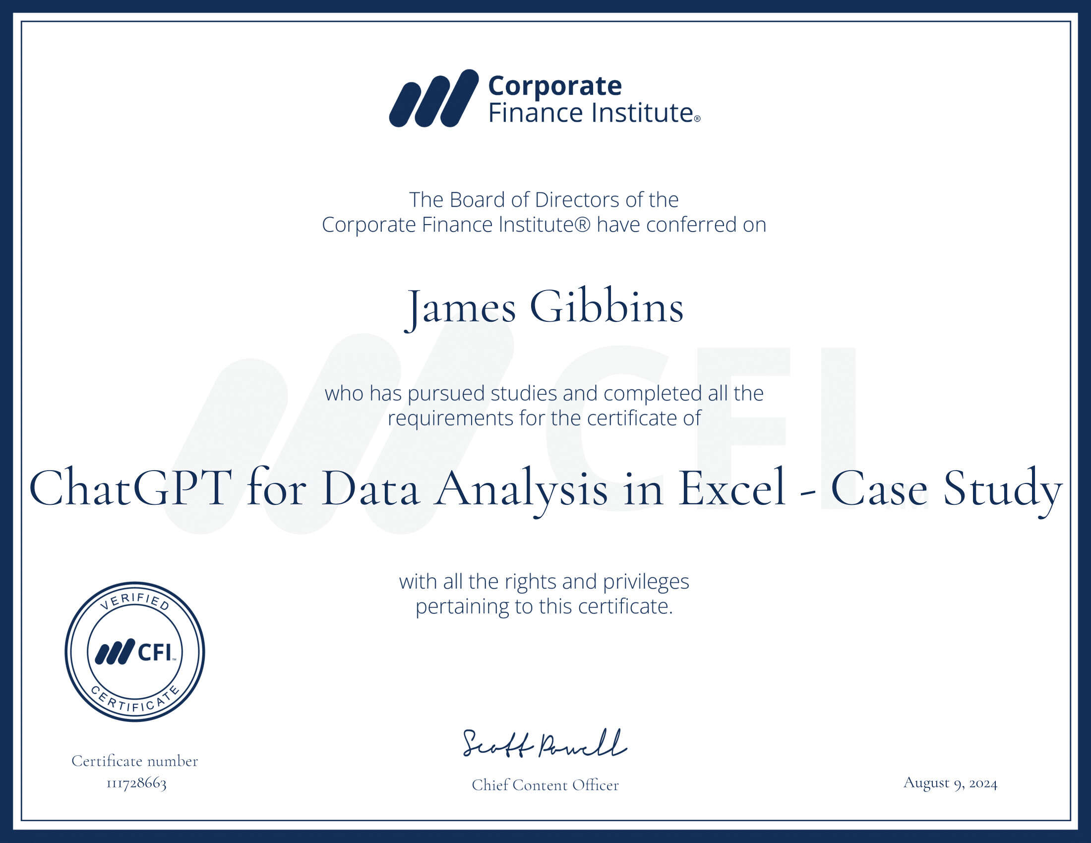 CFI certificate ChatGPT for Data Analysis in Excel - Case Study