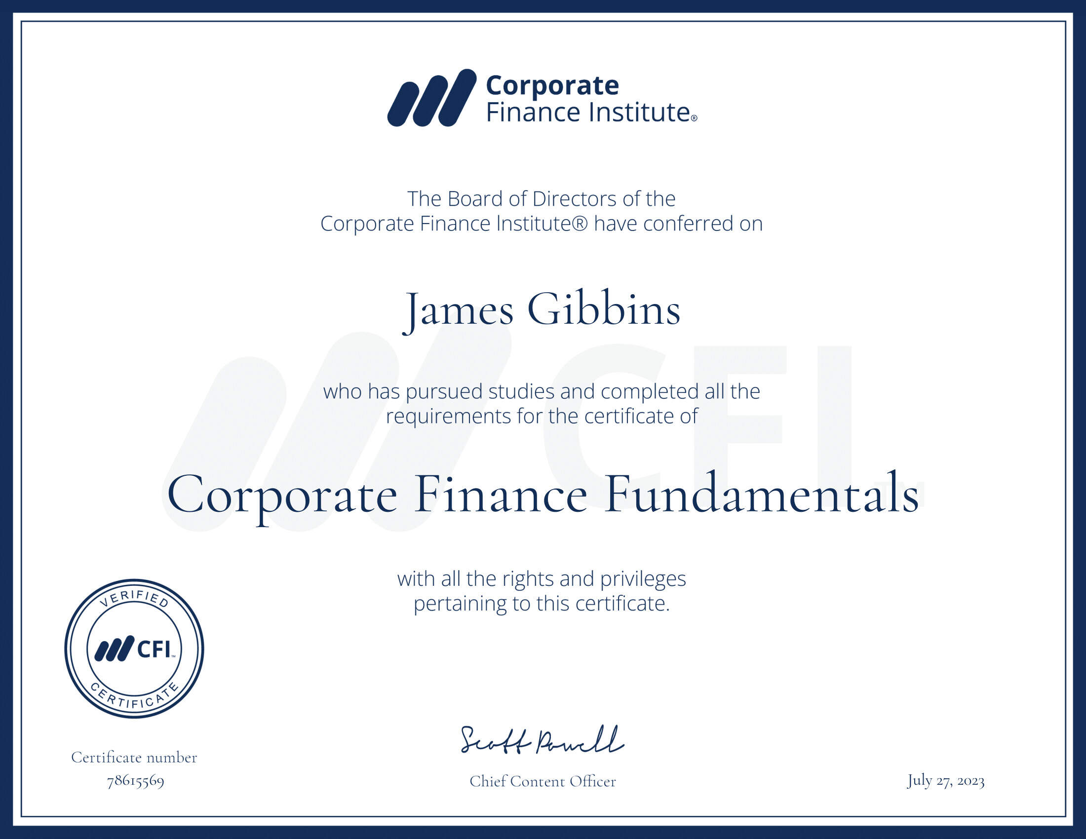 CFI certificate Corporate Finance Fundamentals