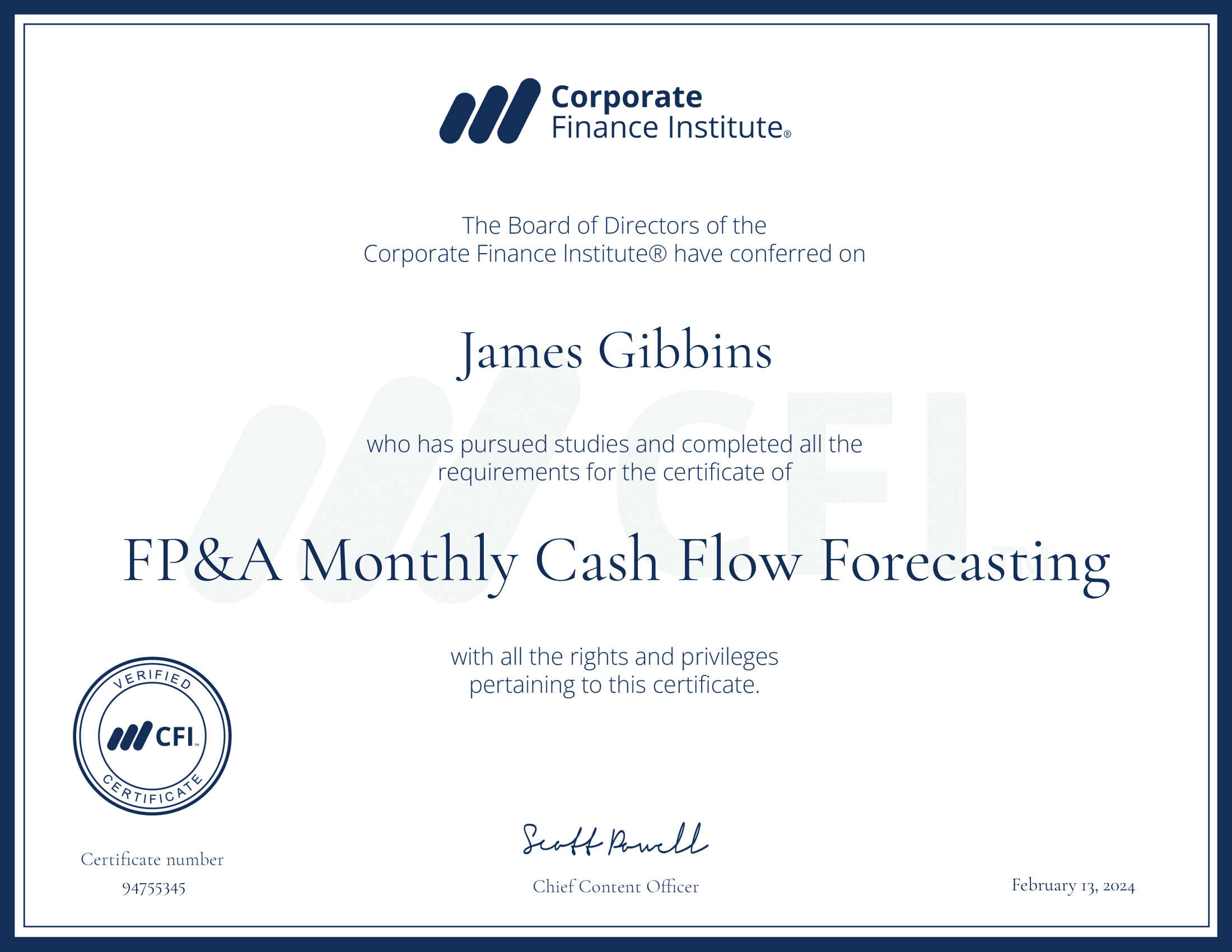 CFI certificate FP&A Monthly Cash Flow Forecasting