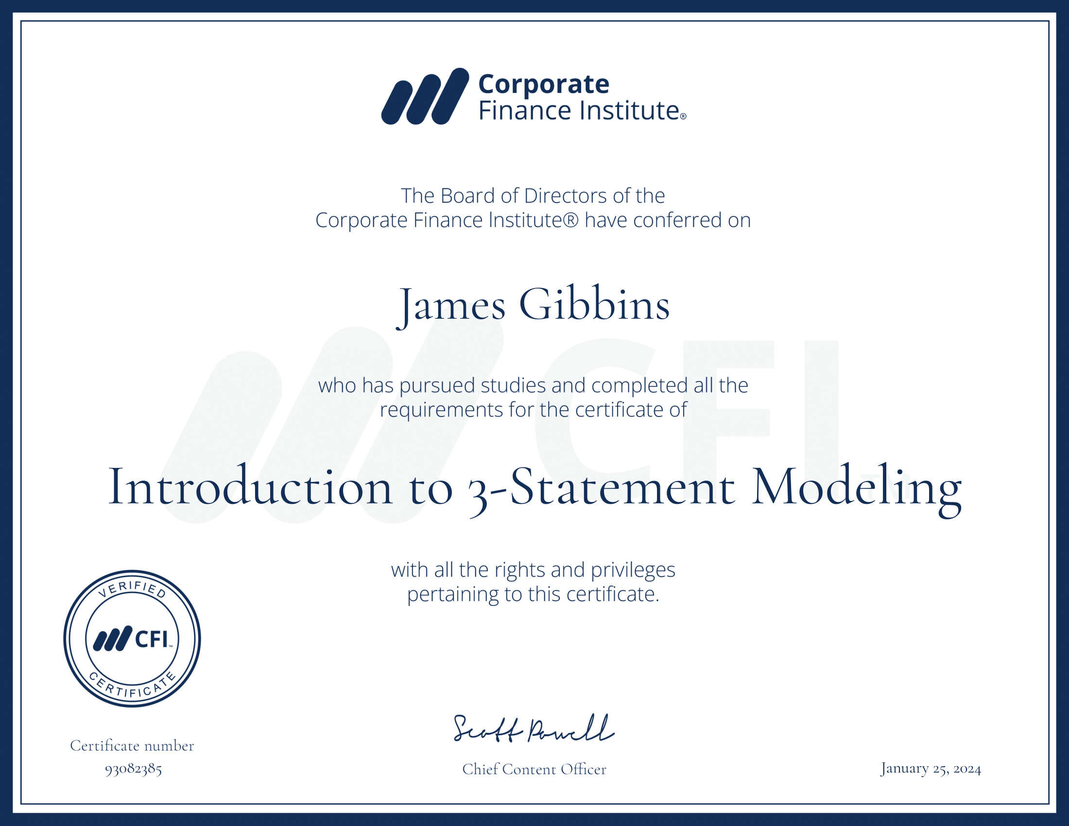 CFI certificate Introduction to 3-Statement Modeling