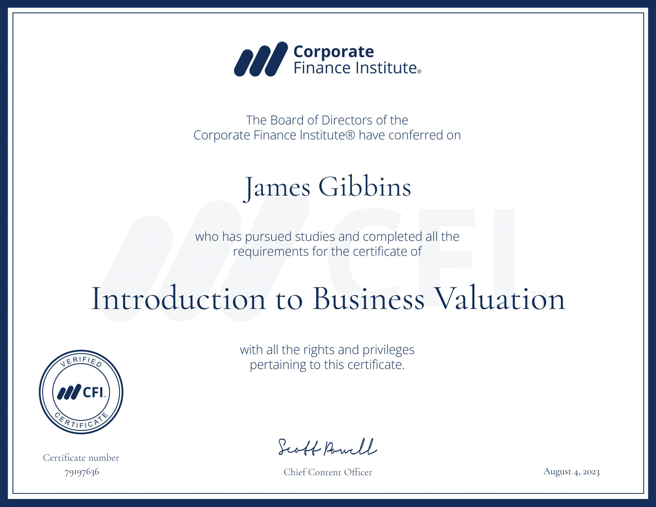 CFI certificate Introduction to Business Valuation