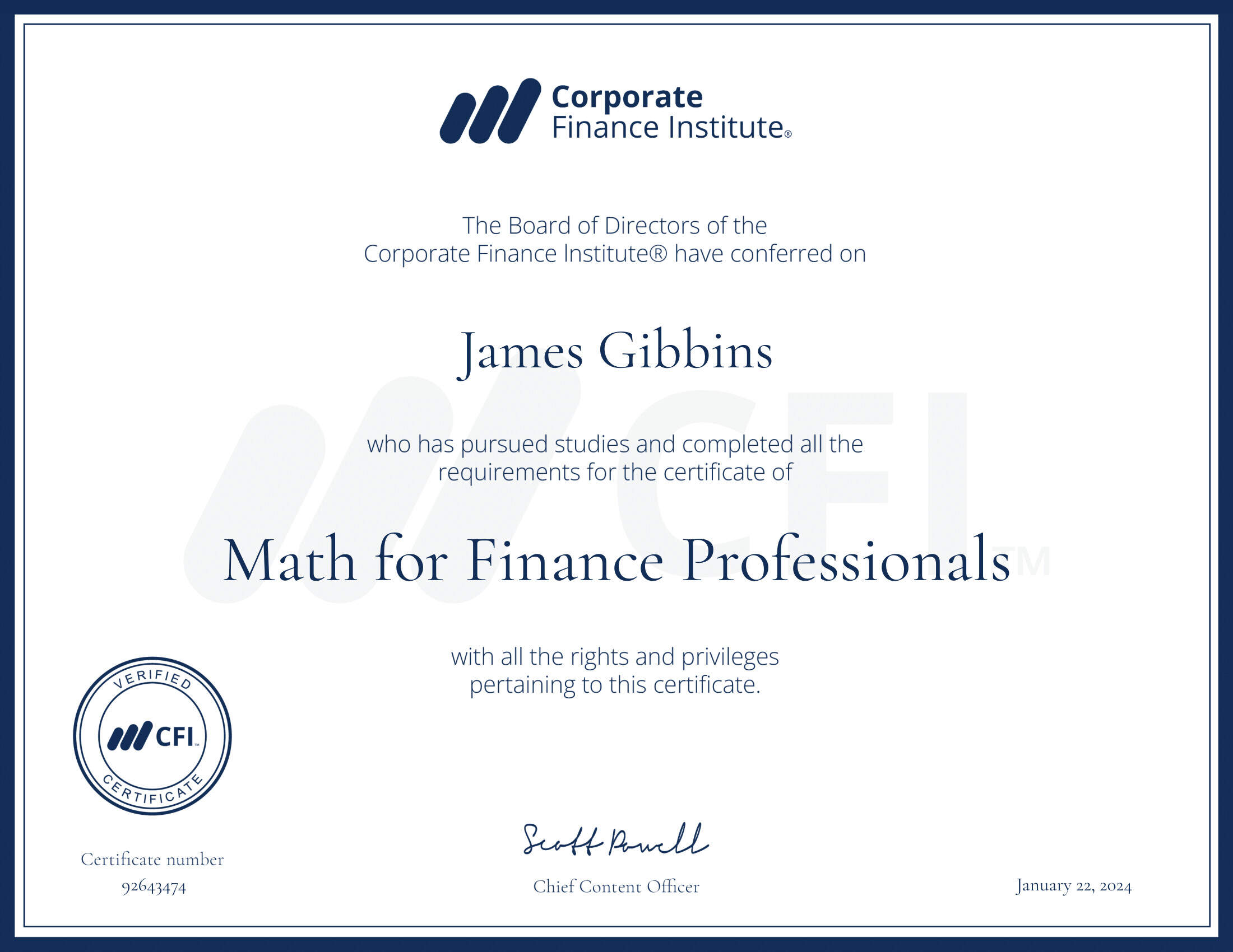 CFI certificate Math for Finanec Professionals
