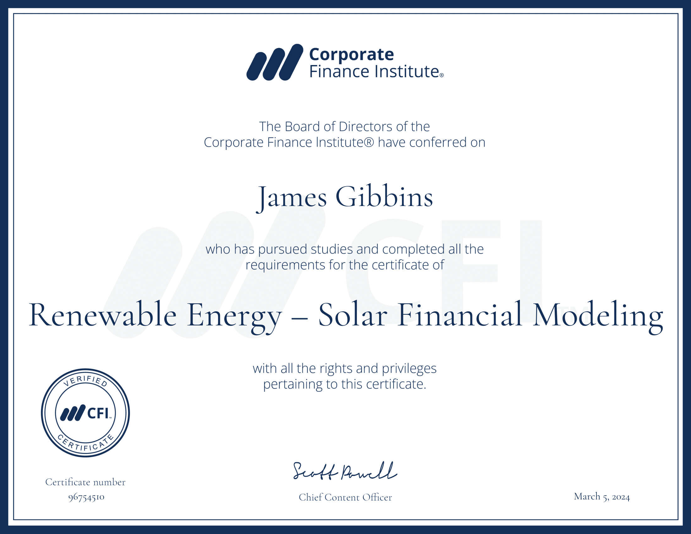 CFI certificate Renewable Energy - Solar Financial Modeling