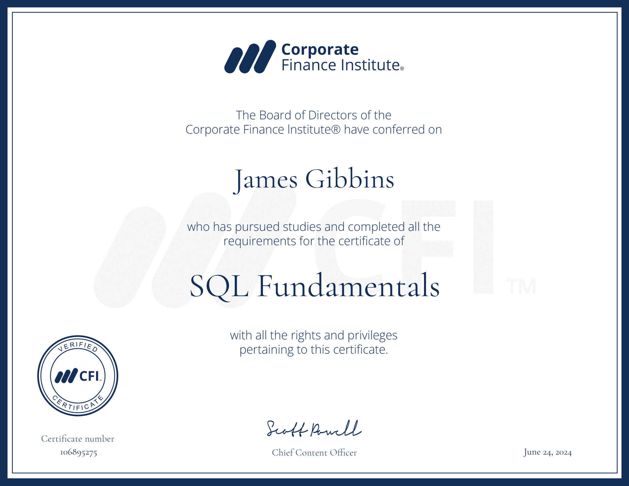 CFI certificate SQL Fundamentals