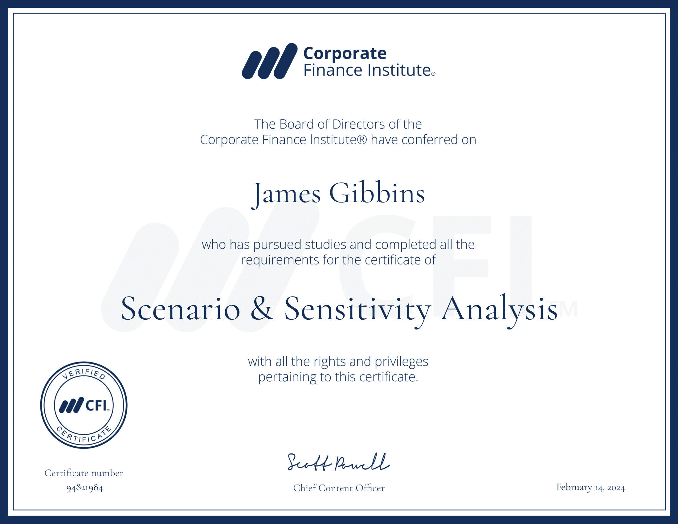 CFI certificate Scenario & Sensitivity Analysis